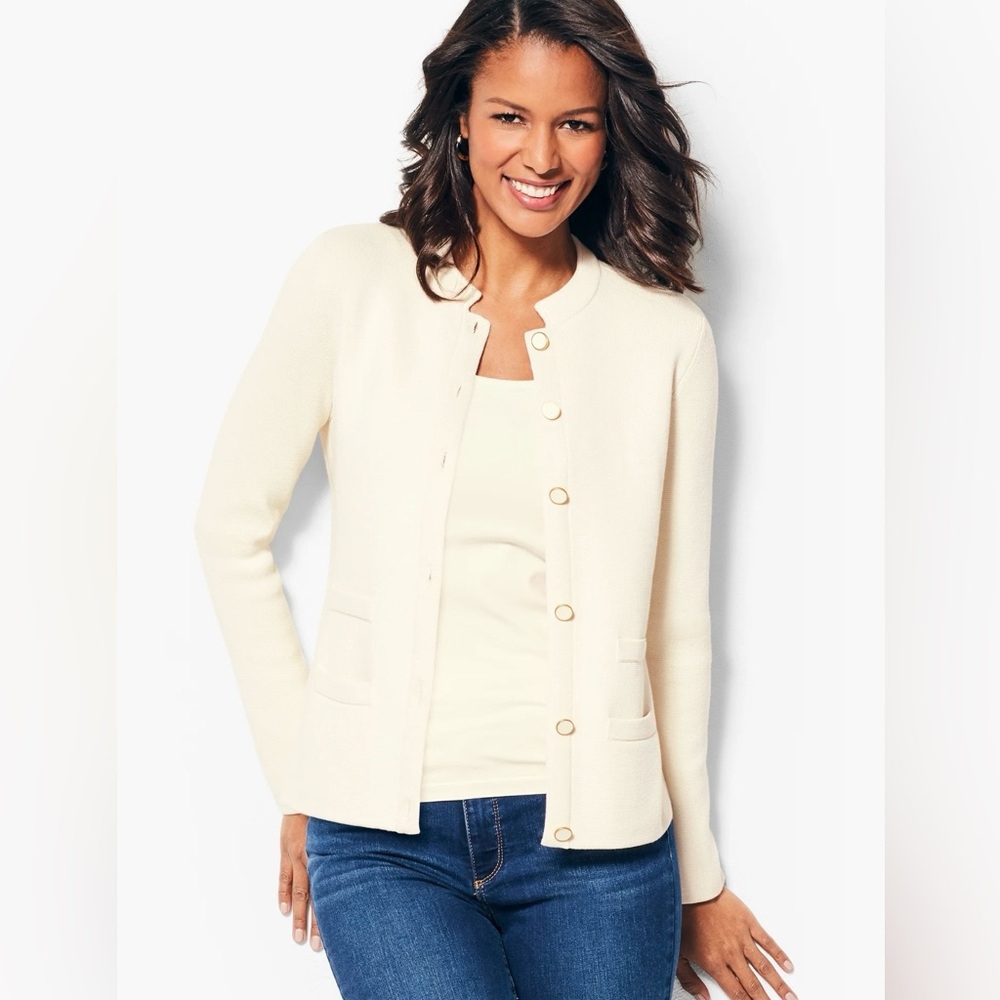Talbots  Banded Collar  Sweater Jacket Cream Textured Knit Cardigan Size S